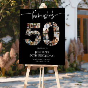 Black 50th Birthday Photo Collage Welcome Sign