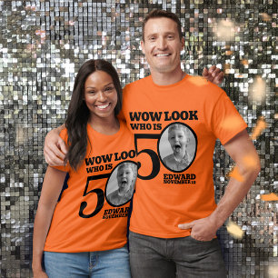 Black 50th birthday photo look who is on coloured T-Shirt