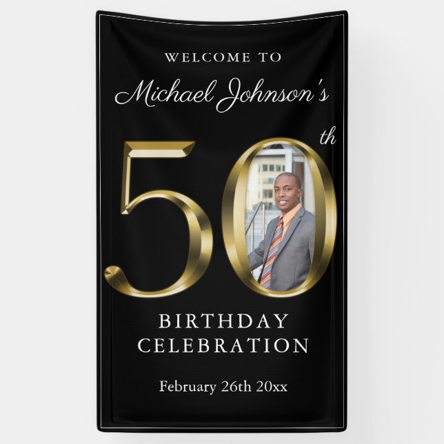 Black 50th Birthday Solid Gold Typography Photo Banner (Vertical)