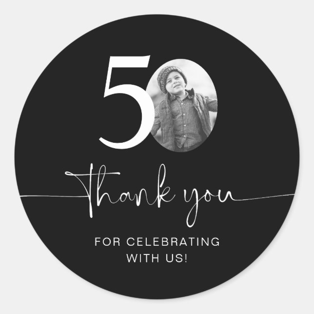 Black 50th Birthday Thank You Classic Round Sticker (Front)