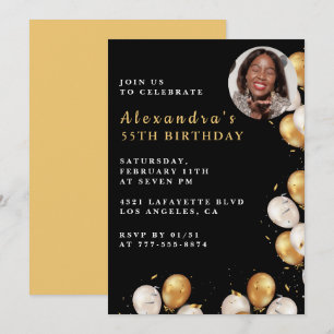 Black 55th birthday invitation Gold Balloon Photo