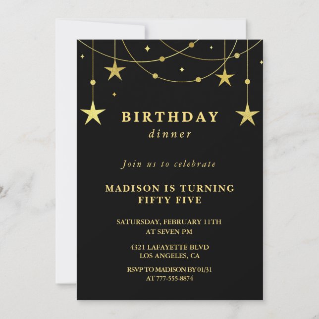 Black 55th birthday invitations Gold Stars (Front)
