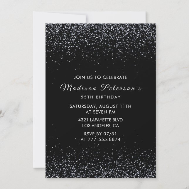 Black 55th birthday invitations Silver Glitter (Front)