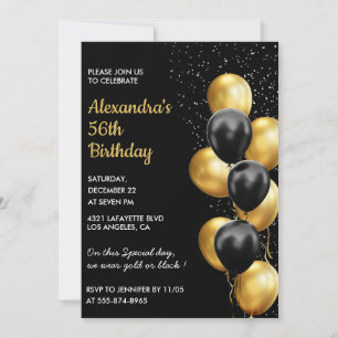 Black 56th birthday invitations Gold Glitter Glam