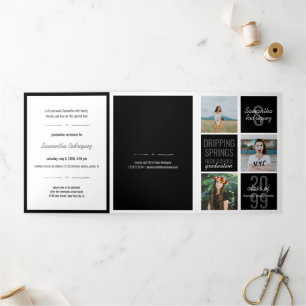 Black 5-Photo Fun Boxes Graduation Tri-Fold Invitation