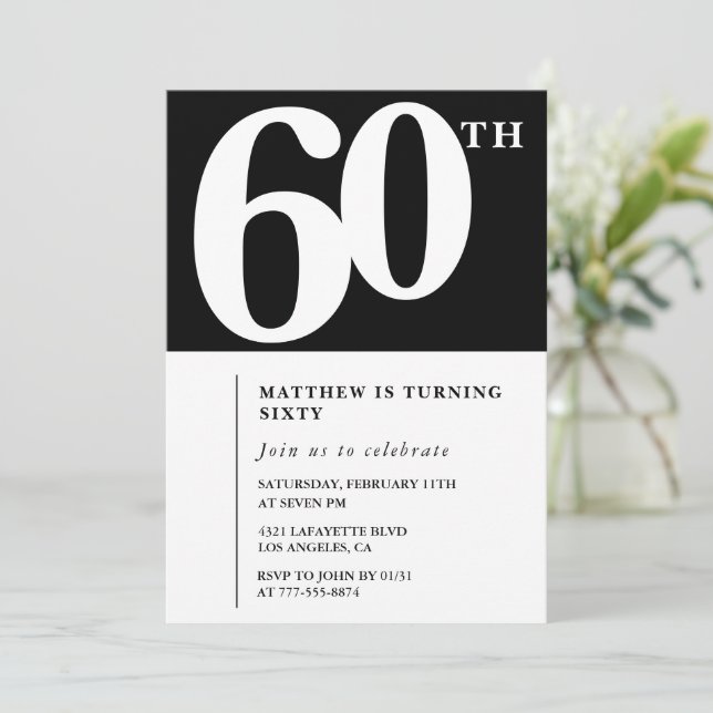Black 60th birthday invitation Elegant Chic Simple (Standing Front)