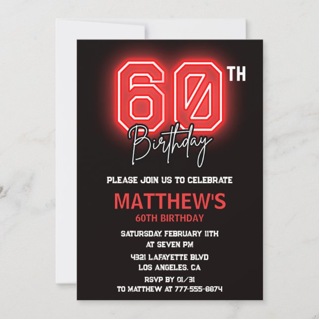 Black 60th birthday invitations Men Neon (Front)