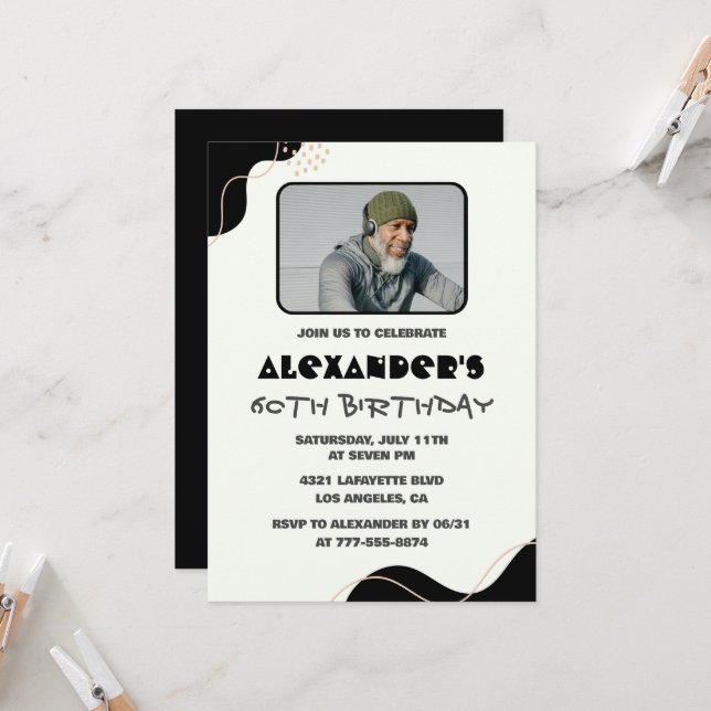 Black 60th birthday invitations Men Simple Photo (Front/Back In Situ)
