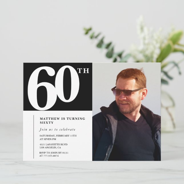 Black 60th birthday invitations Modern Chic Photo (Standing Front)
