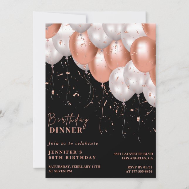 Black 60th birthday invitations Rose gold Pink  (Front)
