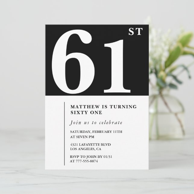 Black 61st birthday invitation Elegant Chic Simple (Standing Front)