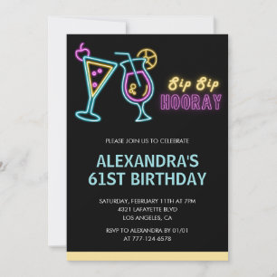Black 61st birthday invitations Cocktail Neon Glow