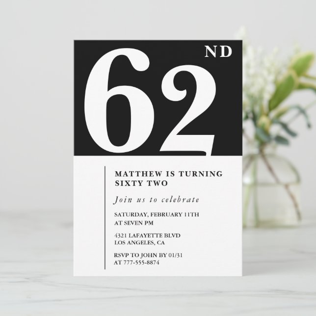 Black 62nd birthday invitation Elegant Chic Simple (Standing Front)