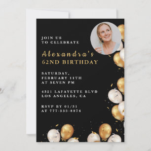Black 62nd birthday invitation Gold Balloon Photo 