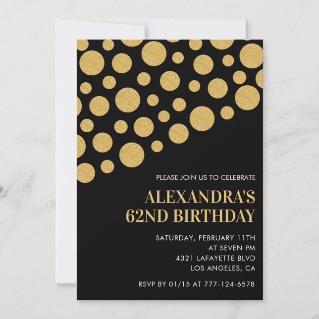 Black 62nd birthday invitations Gold Confetti (Front)