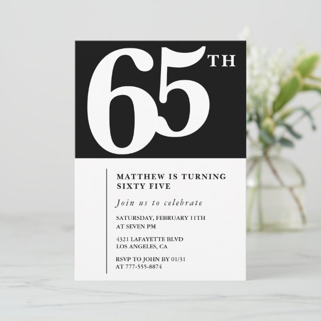 Black 65th birthday invitation Elegant Chic Simple (Standing Front)