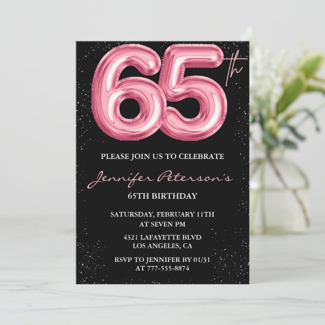 Black 65th birthday invitations Balloon Glam Pink (Standing Front)