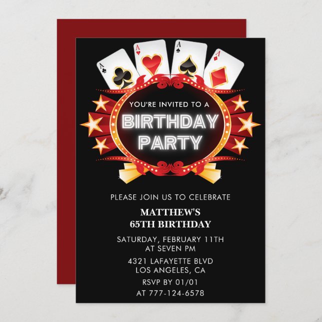 Black 65th birthday invitations Men Casino Poker (Front/Back)