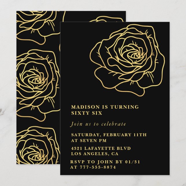 Black 66th birthday invitations Gold Floral (Front/Back)