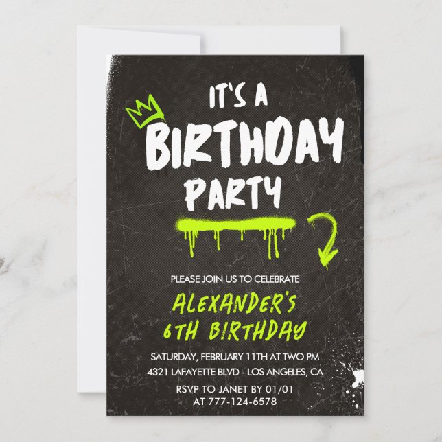 Black 6th birthday invitations boy Graffiti Paint (Front)