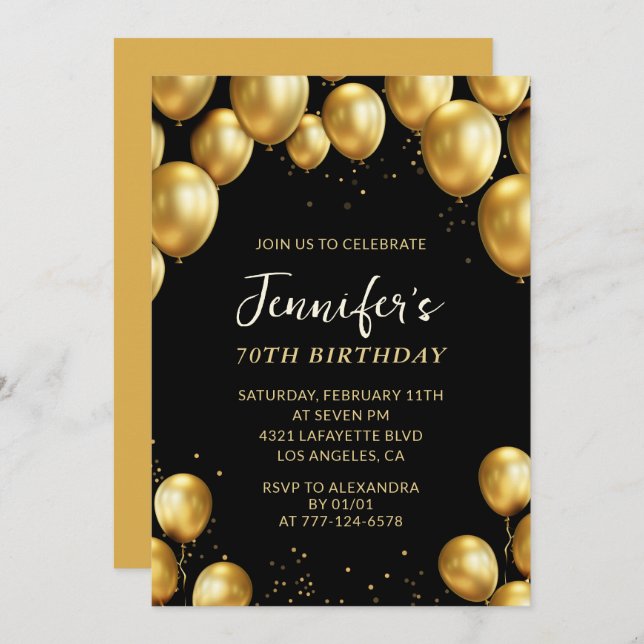 Black 70th birthday invitations Balloons Confetti (Front/Back)