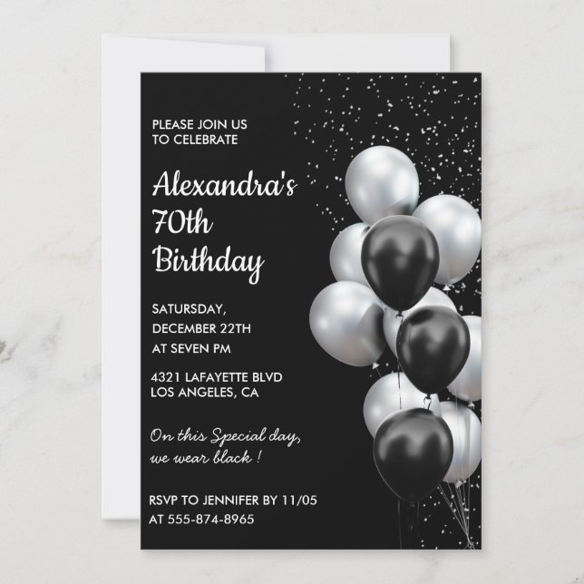 Black 70th birthday invitations Balloons Silver (Front)