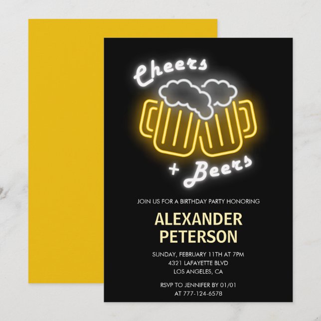 Black 70th birthday invitations Beer Neon (Front/Back)