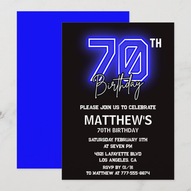 Black 70th birthday invitations Modern Sport Neon (Front/Back)