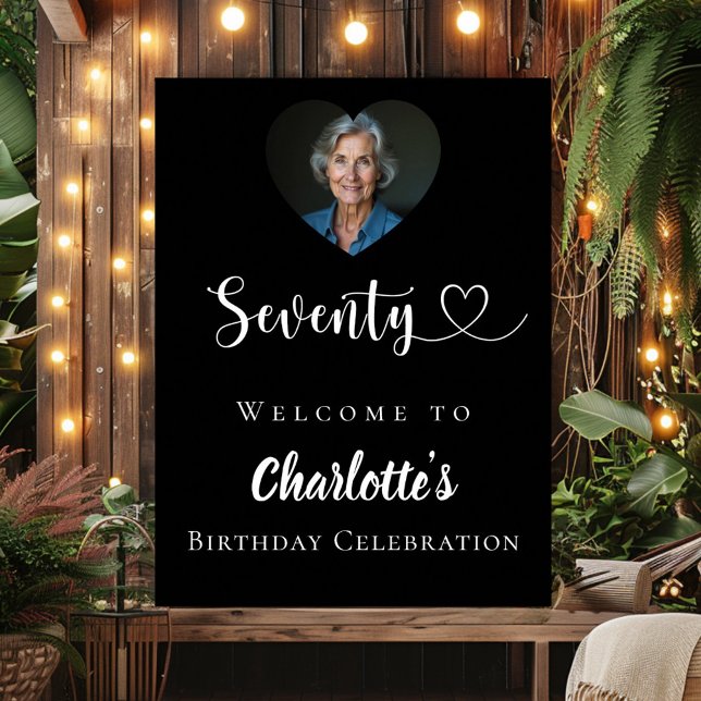 Black 70th birthday party photo heart welcome poster (Creator Uploaded)