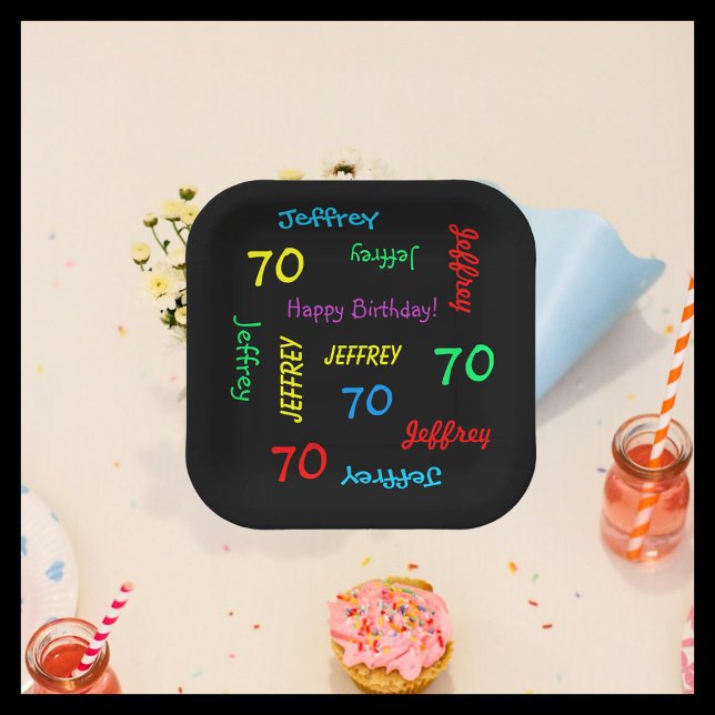 Black 70th Birthday Party, Repeating Names Square Paper Plate (Creator Uploaded)