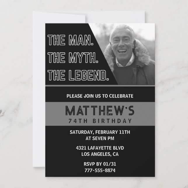 Black 74th birthday invitations The Man The Legend (Front)