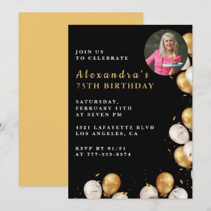 Black 75th birthday invitation Gold Balloon Photo