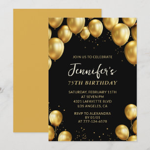 Black 75th birthday invitations Balloons Confetti