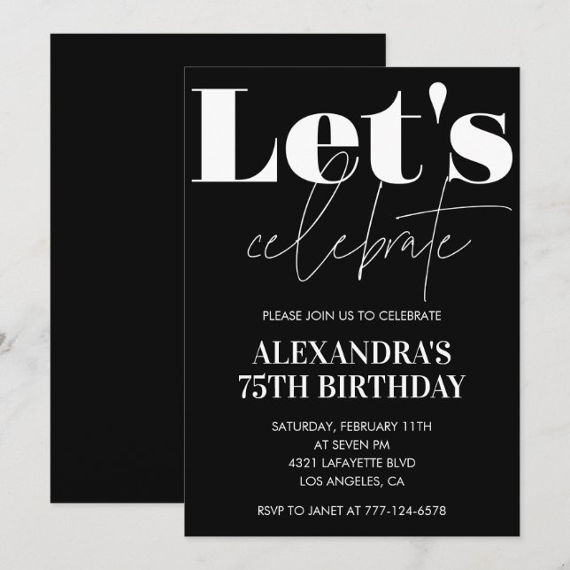 Black 75th birthday invitations Bold Typography  (Front/Back)