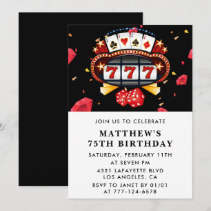 Black 75th birthday invitations Casino theme Poker