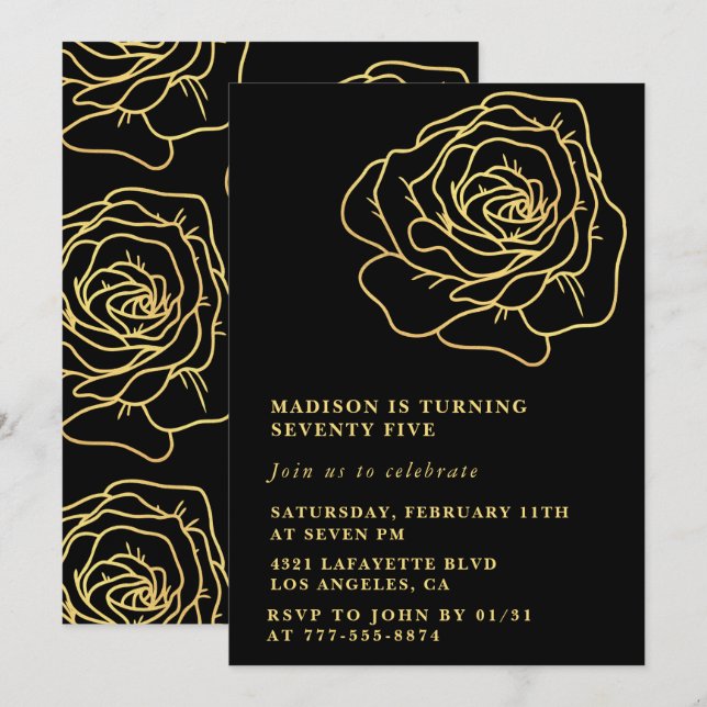 Black 75th birthday invitations Gold Floral (Front/Back)