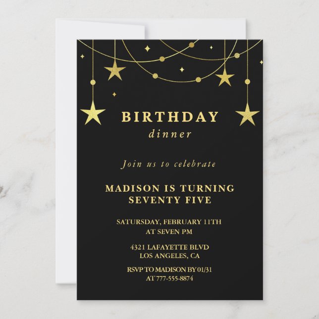 Black 75th birthday invitations Gold Stars (Front)