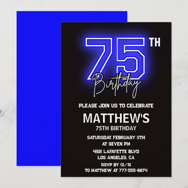 Black 75th birthday invitations Modern Sport Neon (Front/Back)