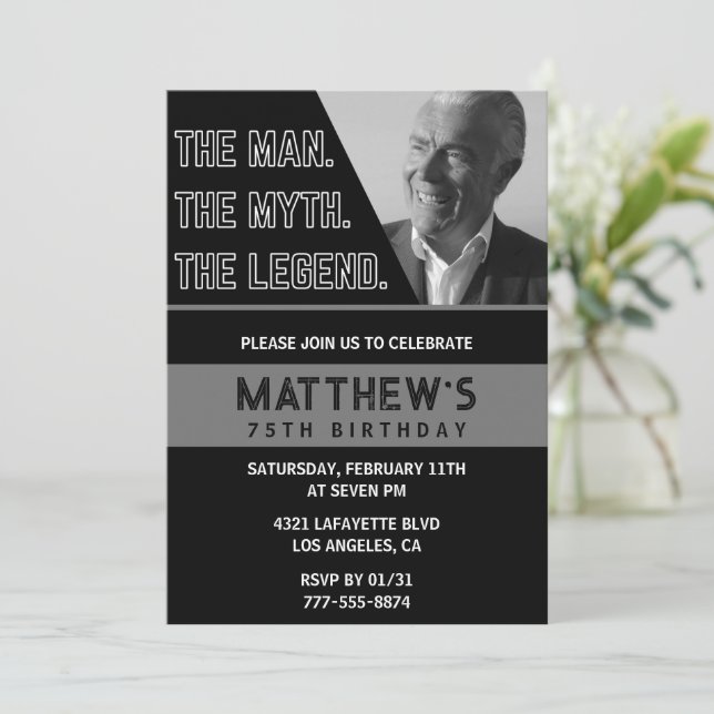 Black 75th birthday invitations The Man The Legend (Standing Front)