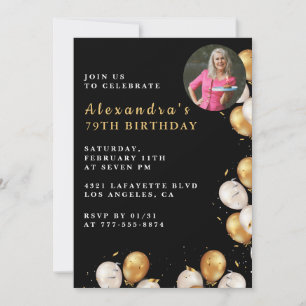 Black 79th birthday invitation Gold Balloon Photo