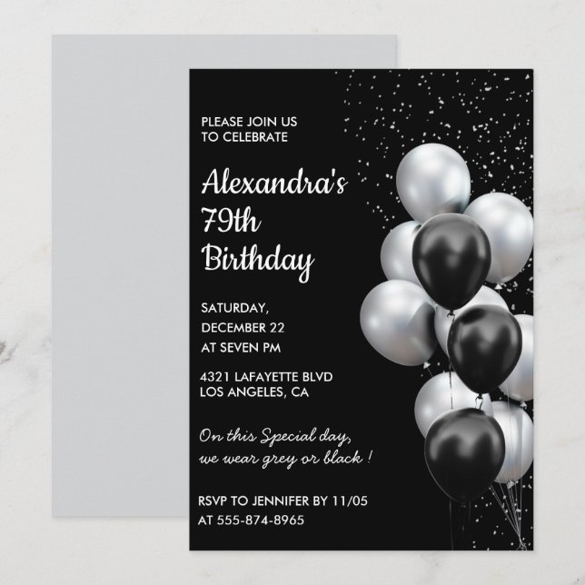 Black 79th birthday invitations Balloons Silver (Front/Back)