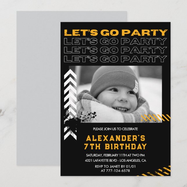 Black 7th birthday invitations Boy Photo Spray (Front/Back)
