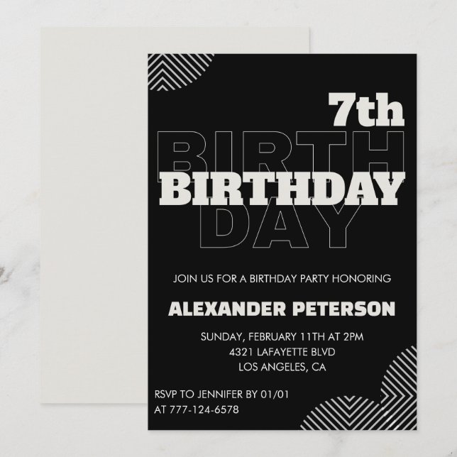 Black 7th birthday invitations Party Boy (Front/Back)