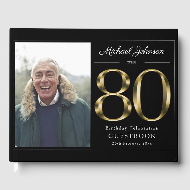 Black 80th Birthday Gold Typography Classy Custom Guest Book (Front)