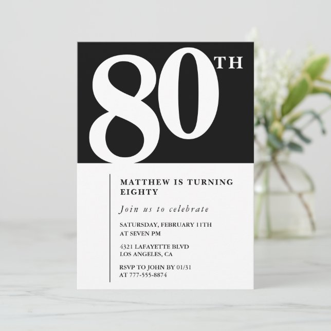 Black 80th birthday invitation Elegant Chic Simple (Standing Front)