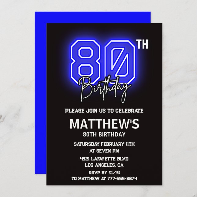 Black 80th birthday invitations Modern Sport Neon (Front/Back)
