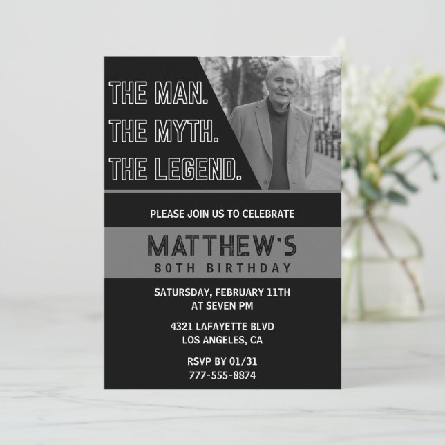 Black 80th birthday invitations The Man The Legend (Standing Front)