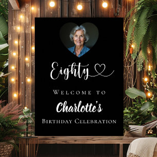 Black 80th birthday party photo heart welcome poster