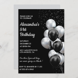 Black 81st birthday invitations Balloons Silver