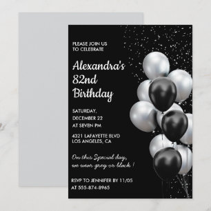 Black 82nd birthday invitations Balloons Silver
